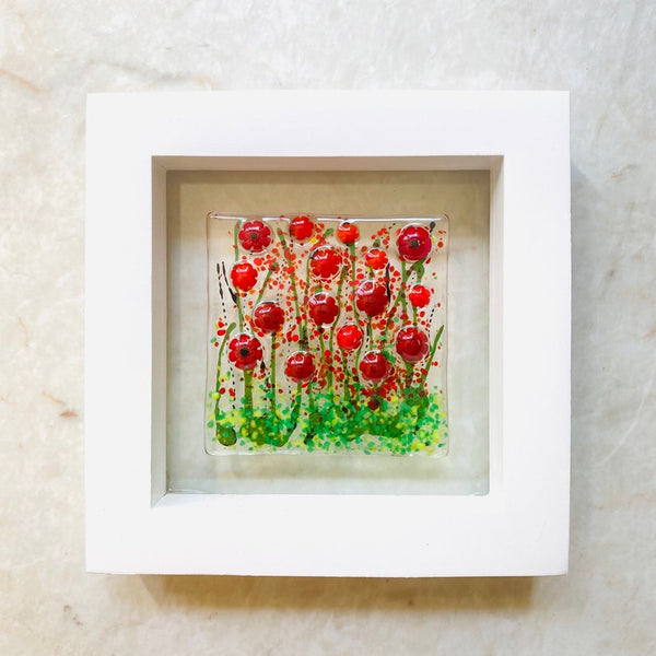 Floating Flowers Red Poppies Glass Art, White Framed Floral Art, Poppy Art, Floral Wall Art