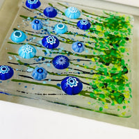 Floating Flowers Blue Flowers Glass Art, White Framed Floral Art, Cornflower Art, Contemporary Glass, Fused Glass Flowers