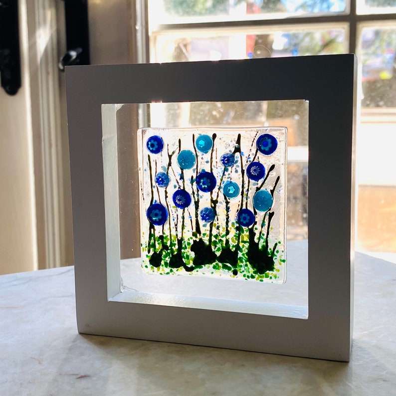 Floating Flowers Blue Flowers Glass Art, White Framed Floral Art, Cornflower Art, Contemporary Glass, Fused Glass Flowers