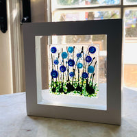 Floating Flowers Blue Flowers Glass Art, White Framed Floral Art, Cornflower Art, Contemporary Glass, Fused Glass Flowers
