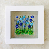 Floating Flowers Blue Flowers Glass Art, White Framed Floral Art, Cornflower Art, Contemporary Glass, Fused Glass Flowers