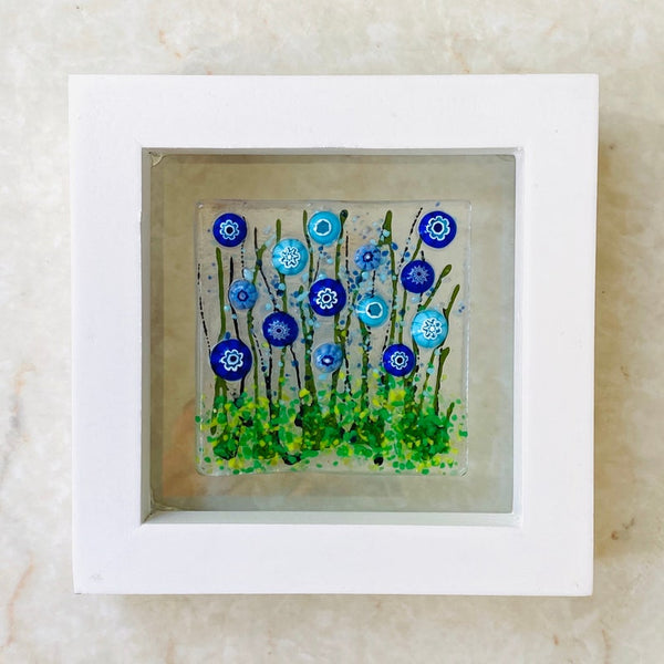 Floating Flowers Blue Flowers Glass Art, White Framed Floral Art, Cornflower Art, Contemporary Glass, Fused Glass Flowers