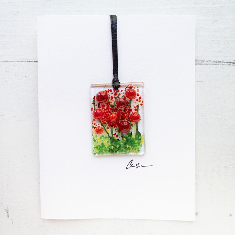 Red Poppies Fused Glass Notecard, Floral Suncatcher Card, Field of Flowers Card, Poppy Art