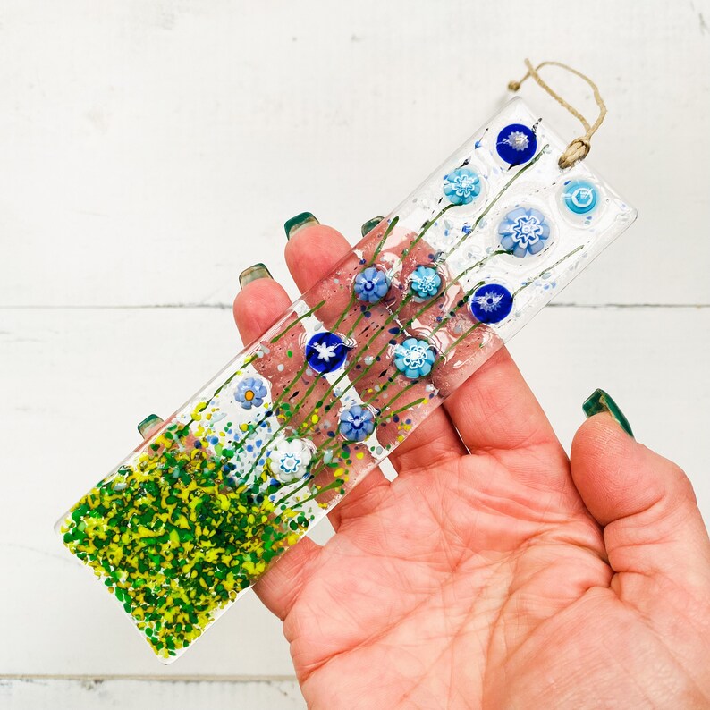 Skinny Cornflower Glass Suncatcher, Floral Glass Ornament, Field of Flowers Glass Art, Fused Glass Flowers, Gift for Mom