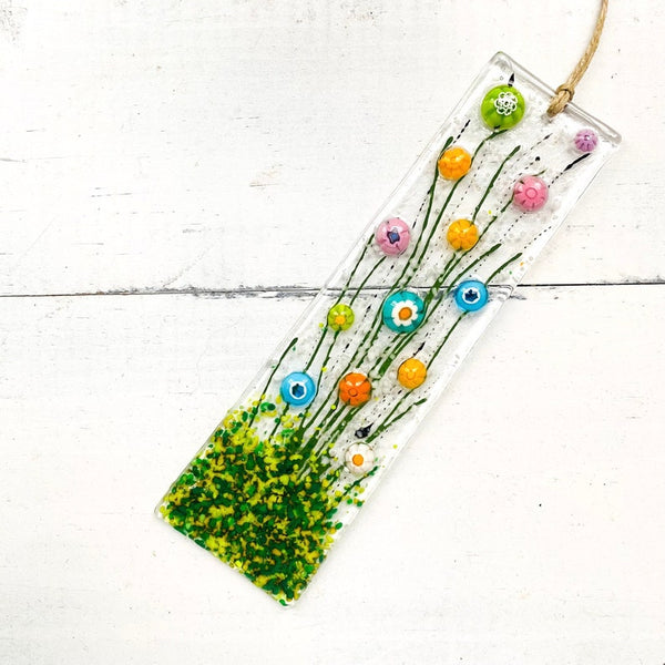 Skinny Citrus Flowers Glass Suncatcher, Floral Glass Ornament, Field of Flowers Glass Art, Fused Glass Flowers, Gift for Mom