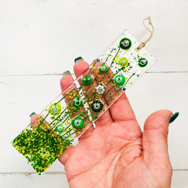 Skinny Green Flowers Glass Suncatcher, Floral Glass Ornament, Field of Flowers Glass Art, Fused Glass Flowers, Gift for Mom