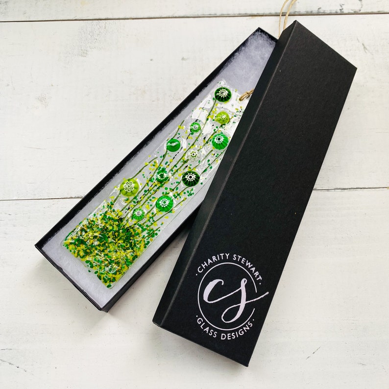 Skinny Green Flowers Glass Suncatcher, Floral Glass Ornament, Field of Flowers Glass Art, Fused Glass Flowers, Gift for Mom