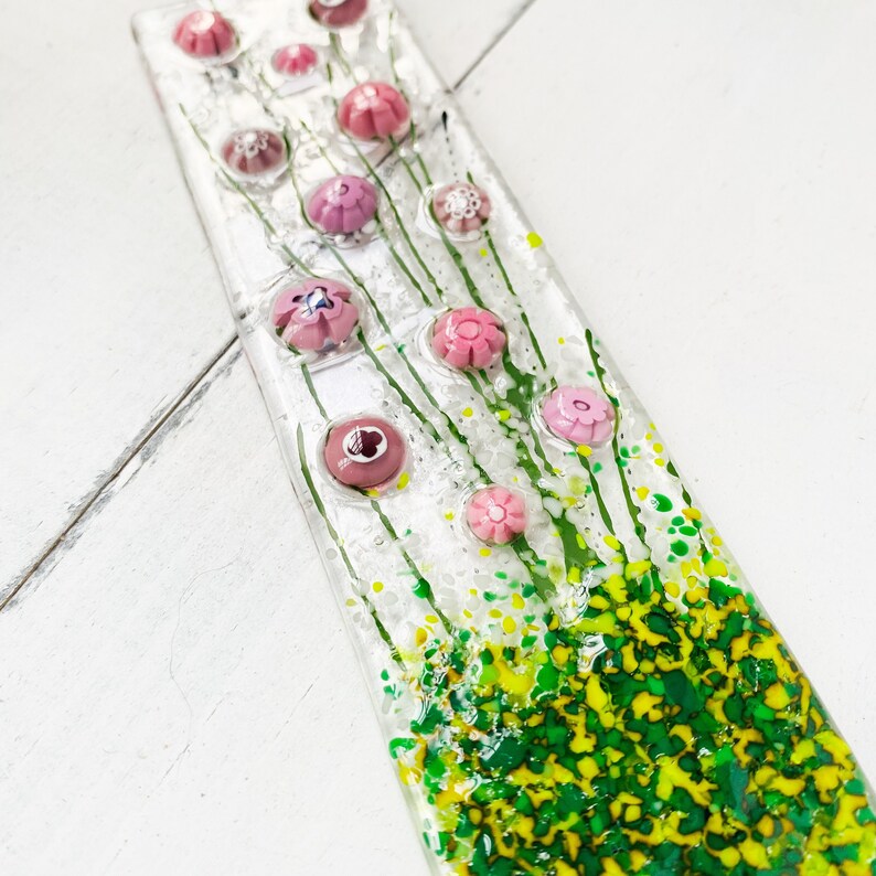 Skinny Pink Flowers Glass Suncatcher, Floral Glass Ornament, Field of Flowers Glass Art, Fused Glass Flowers, Gift for Mom