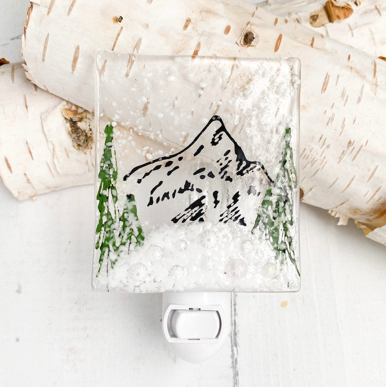 Winter Mountain Fused Glass Night Light, Mountain Nightlight, White Christmas, Snowy Mountain