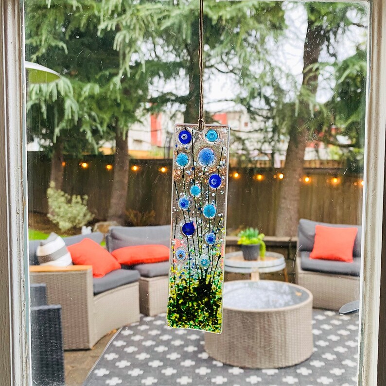 Skinny Cornflower Glass Suncatcher, Floral Glass Ornament, Field of Flowers Glass Art, Fused Glass Flowers, Gift for Mom