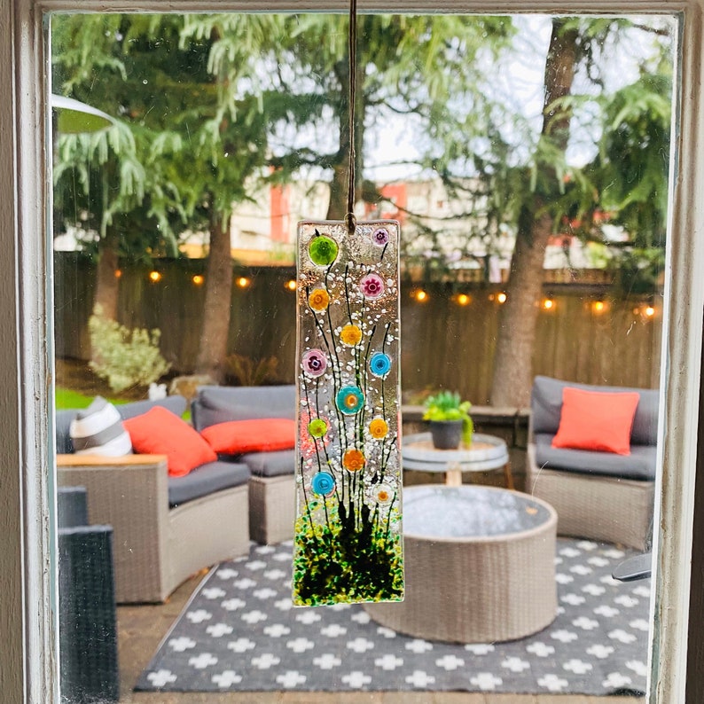 Skinny Citrus Flowers Glass Suncatcher, Floral Glass Ornament, Field of Flowers Glass Art, Fused Glass Flowers, Gift for Mom