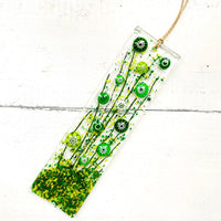 Skinny Green Flowers Glass Suncatcher, Floral Glass Ornament, Field of Flowers Glass Art, Fused Glass Flowers, Gift for Mom