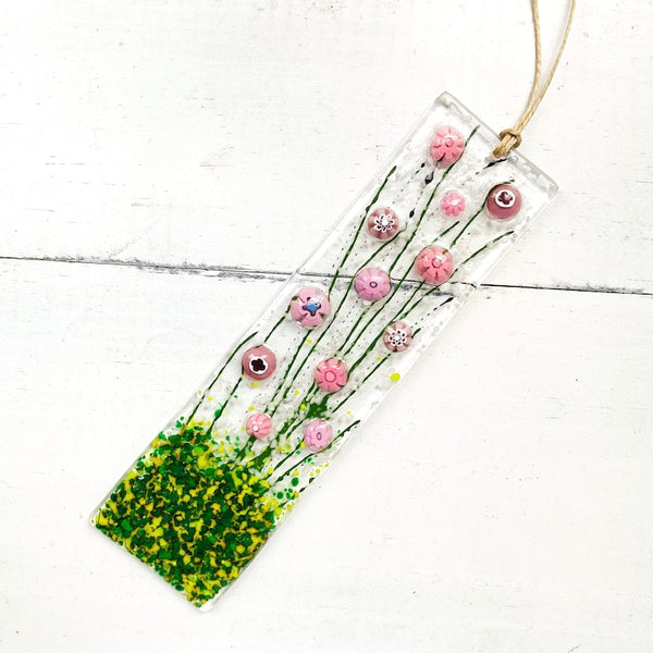 Skinny Pink Flowers Glass Suncatcher, Floral Glass Ornament, Field of Flowers Glass Art, Fused Glass Flowers, Gift for Mom