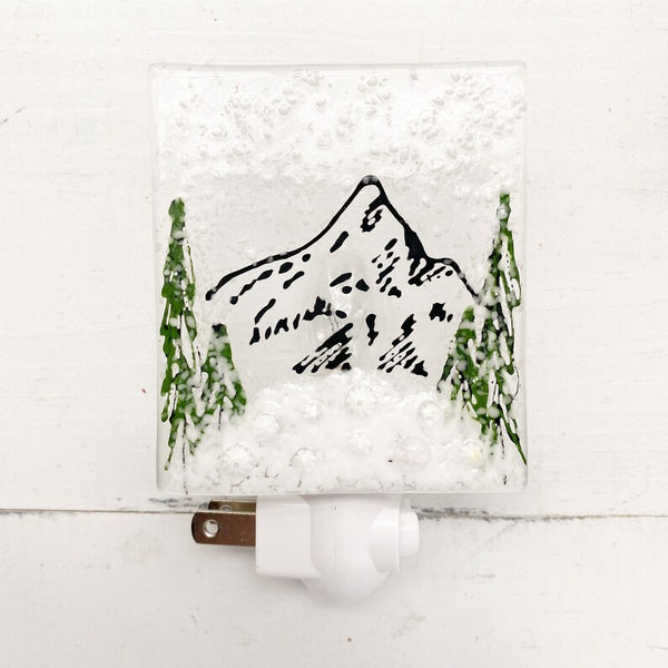 Winter Mountain Fused Glass Night Light, Mountain Nightlight, White Christmas, Snowy Mountain