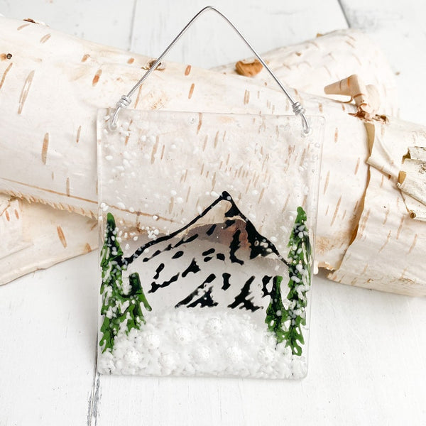 Winter Mountain Fused Glass Suncatcher, Glass Mountain Ornament, Mount Hood Glass Art, White Christmas