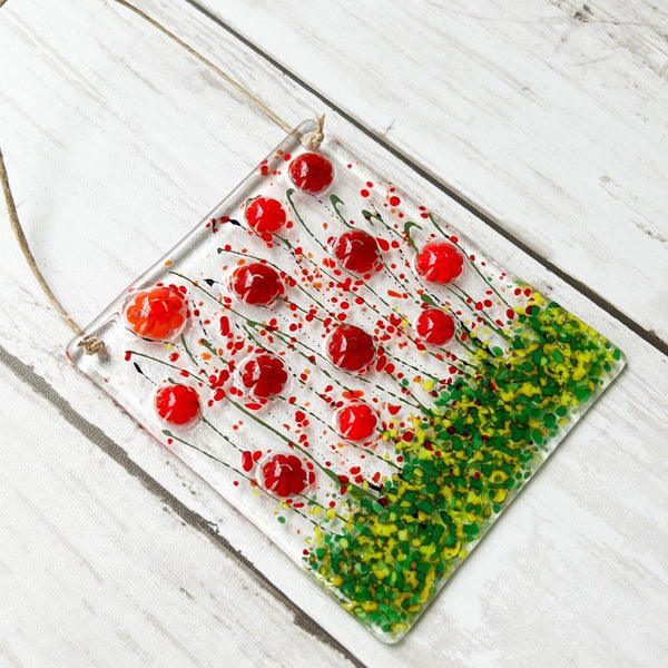 Red Poppies Suncatcher, Floral Glass Ornament, Red Flower Ornament, Field of Poppies, Remembrance Gift