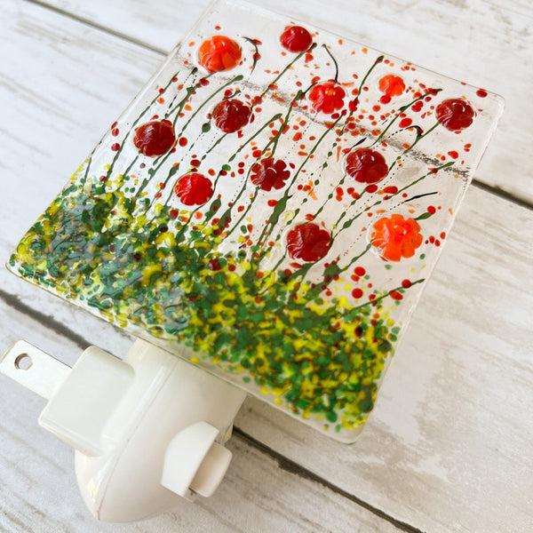 Red Poppies Fused Glass Night Light, Floral Glass Nightlight, Red Poppy Glass Art, Red Poppies Night Light