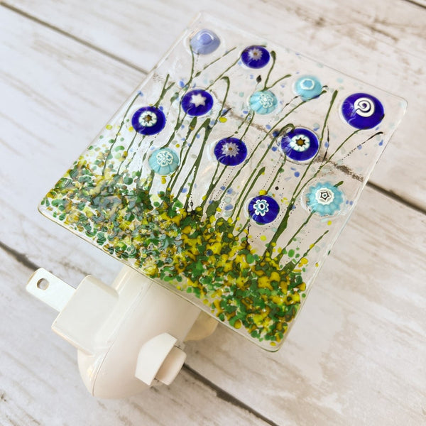 Blue Cornflower Night Light, Floral Glass Nightlight, Blue Flowers Glass Night Light, Fused Glass Floral Nightlight