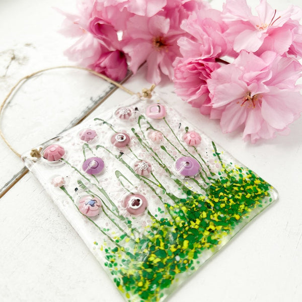 Pink Floral Glass Suncatcher, Floral Glass Ornament, Field of Flowers Glass Art, Fused Glass Flowers, Pink and Purple, Gift for Mom