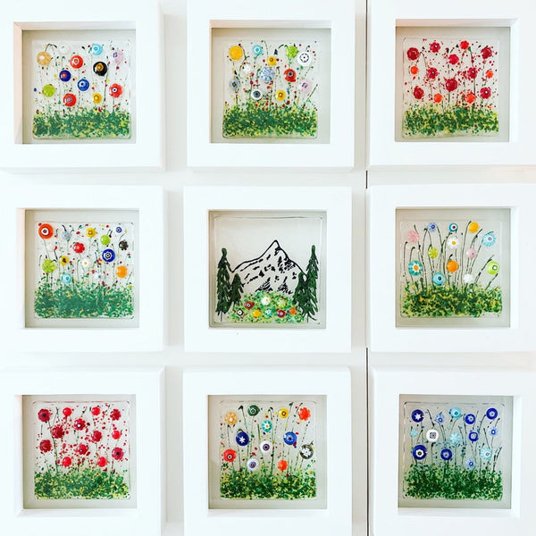 Framed Mountain Glass Art, Mt Hood Art, Fused Glass Floral Art, Mountains are Calling