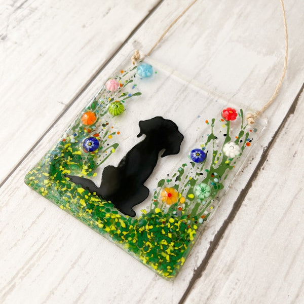 Dog Glass Suncatcher, Pet Memorial Gift, Floral Glass Ornament, Fused Glass Flowers, Pet Portait