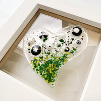 Floral Heart Glass Art, White Framed Floral Art, Contemporary Glass Heart Art, Fused Glass Heart