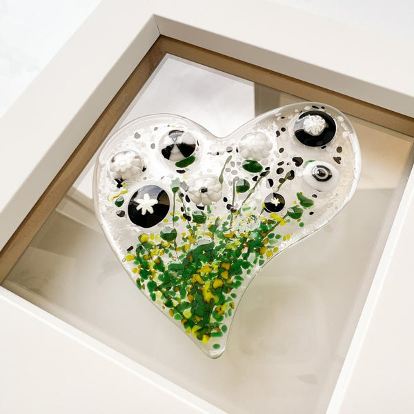 Floral Heart Glass Art, White Framed Floral Art, Contemporary Glass Heart Art, Fused Glass Heart