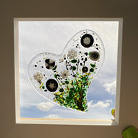 Floral Heart Glass Art, White Framed Floral Art, Contemporary Glass Heart Art, Fused Glass Heart