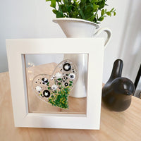 Floral Heart Glass Art, White Framed Floral Art, Contemporary Glass Heart Art, Fused Glass Heart