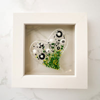Floral Heart Glass Art, White Framed Floral Art, Contemporary Glass Heart Art, Fused Glass Heart