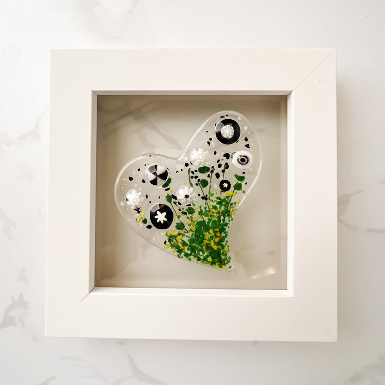 Floral Heart Glass Art, White Framed Floral Art, Contemporary Glass Heart Art, Fused Glass Heart