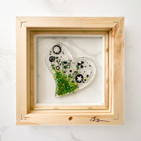 Floral Heart Glass Art, White Framed Floral Art, Contemporary Glass Heart Art, Fused Glass Heart