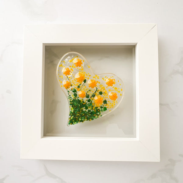 Yellow Floral Heart Glass Art, Yellow Heart Art, Glass Heart Art, Fused Glass Heart