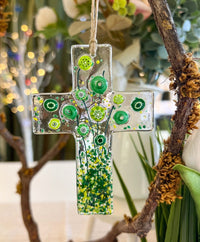 Flowers of Faith Ornament, Floral Cross Suncatcher, Daisy Flowers Glass Art, Fused Glass Cross, Gift for Mom