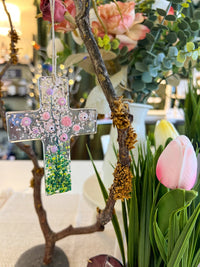 Flowers of Faith Ornament, Floral Cross Suncatcher, Daisy Flowers Glass Art, Fused Glass Cross, Gift for Mom