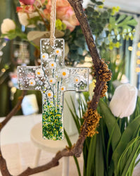 Flowers of Faith Ornament, Floral Cross Suncatcher, Daisy Flowers Glass Art, Fused Glass Cross, Gift for Mom