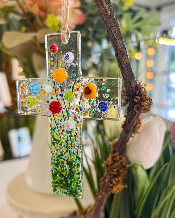 Flowers of Faith Ornament, Floral Cross Suncatcher, Daisy Flowers Glass Art, Fused Glass Cross, Gift for Mom