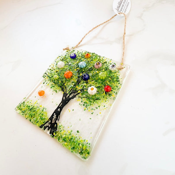 Happy Tree Suncatcher, Glass Tree Ornament, Multicolor Flowers, Floral Ornament