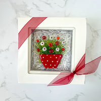 Polkadot Red Pot of Flowers, Framed Floral Art, Flowerpot Art, Fused Glass Flowers, Gift for Mom