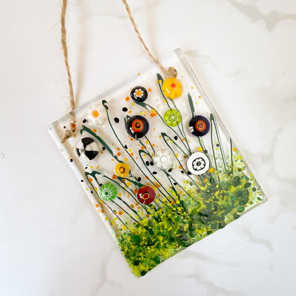 Fall Fused Glass Suncatcher, Floral Glass Ornament, Field of Flowers Glass Art, Fused Glass Flowers, Autumn Suncatcher