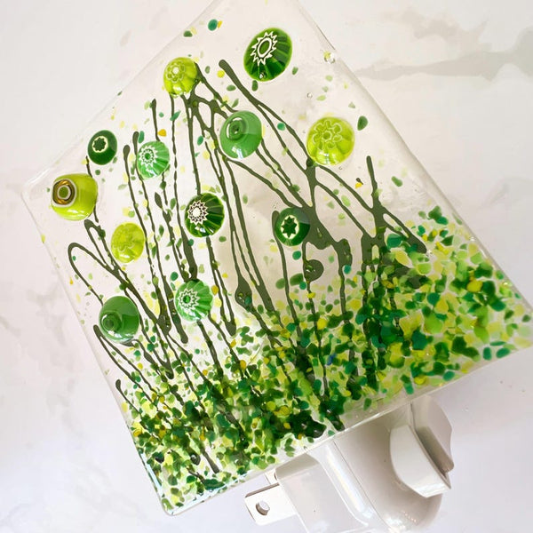 Green Floral Fused Glass Night Light, Floral Glass Nightlight, Spring Green Glass Art, Flower Night Light, Gift for Mom