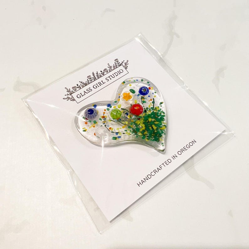 Murano Glass Heart Magnet, Fused Glass Heart, Floral Heart Magnet