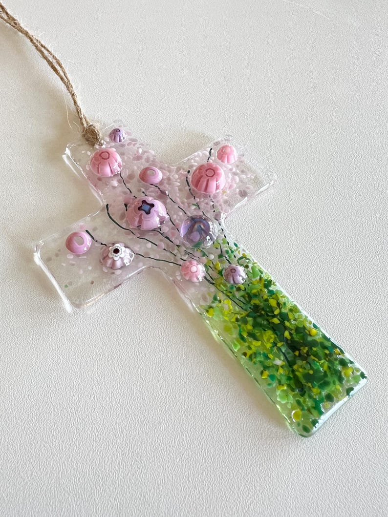 Flowers of Faith Ornament, Floral Cross Suncatcher, Daisy Flowers Glass Art, Fused Glass Cross, Gift for Mom