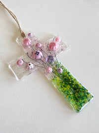 Flowers of Faith Ornament, Floral Cross Suncatcher, Daisy Flowers Glass Art, Fused Glass Cross, Gift for Mom