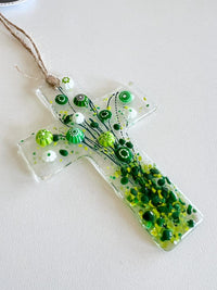 Flowers of Faith Ornament, Floral Cross Suncatcher, Daisy Flowers Glass Art, Fused Glass Cross, Gift for Mom