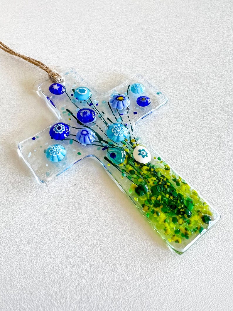 Flowers of Faith Ornament, Floral Cross Suncatcher, Daisy Flowers Glass Art, Fused Glass Cross, Gift for Mom