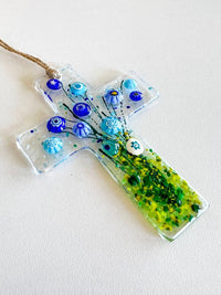 Flowers of Faith Ornament, Floral Cross Suncatcher, Daisy Flowers Glass Art, Fused Glass Cross, Gift for Mom