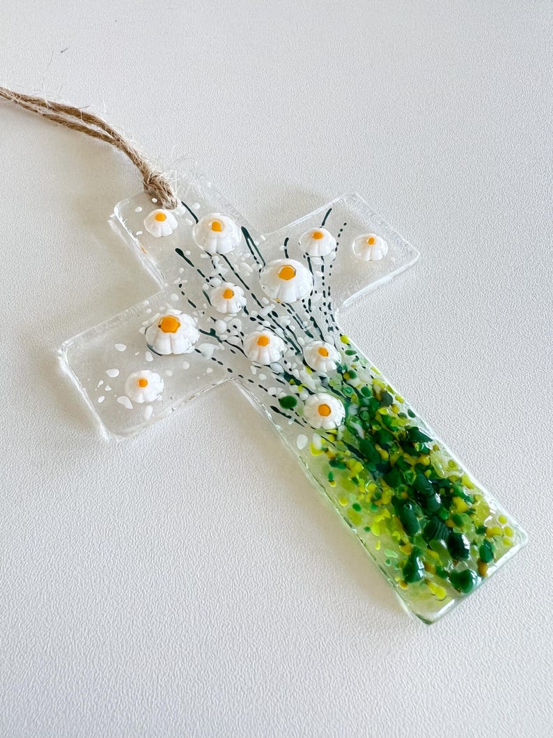 Flowers of Faith Ornament, Floral Cross Suncatcher, Daisy Flowers Glass Art, Fused Glass Cross, Gift for Mom
