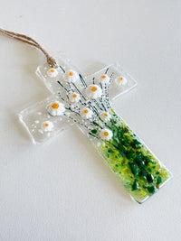 Flowers of Faith Ornament, Floral Cross Suncatcher, Daisy Flowers Glass Art, Fused Glass Cross, Gift for Mom