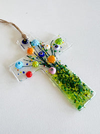 Flowers of Faith Ornament, Floral Cross Suncatcher, Daisy Flowers Glass Art, Fused Glass Cross, Gift for Mom